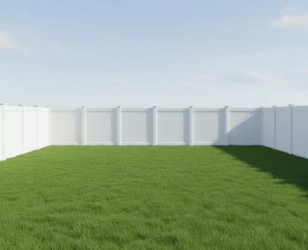 Wide view of a bright white vinyl privacy fence surrounding a clean suburban backyard with green grass and blue sky