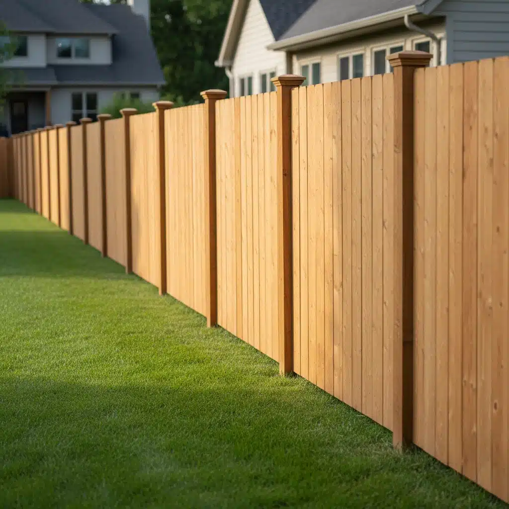 Three-quarter angled view of a completed wooden privacy fence with square posts and smooth vertical panels running along a grassy yard